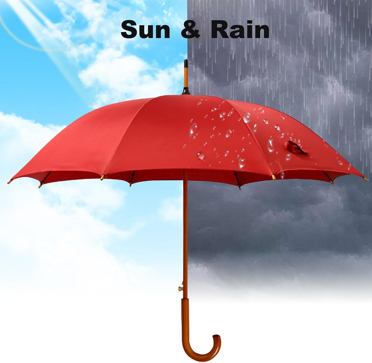 Large Windproof Umbrella, Wooden J-Shaped Handle Umbrella for Rain, Vintage, Waterproof, Sun UV Protection, 8-Rib, Classic Stick Umbrella for Commuting, Travel, Wedding
