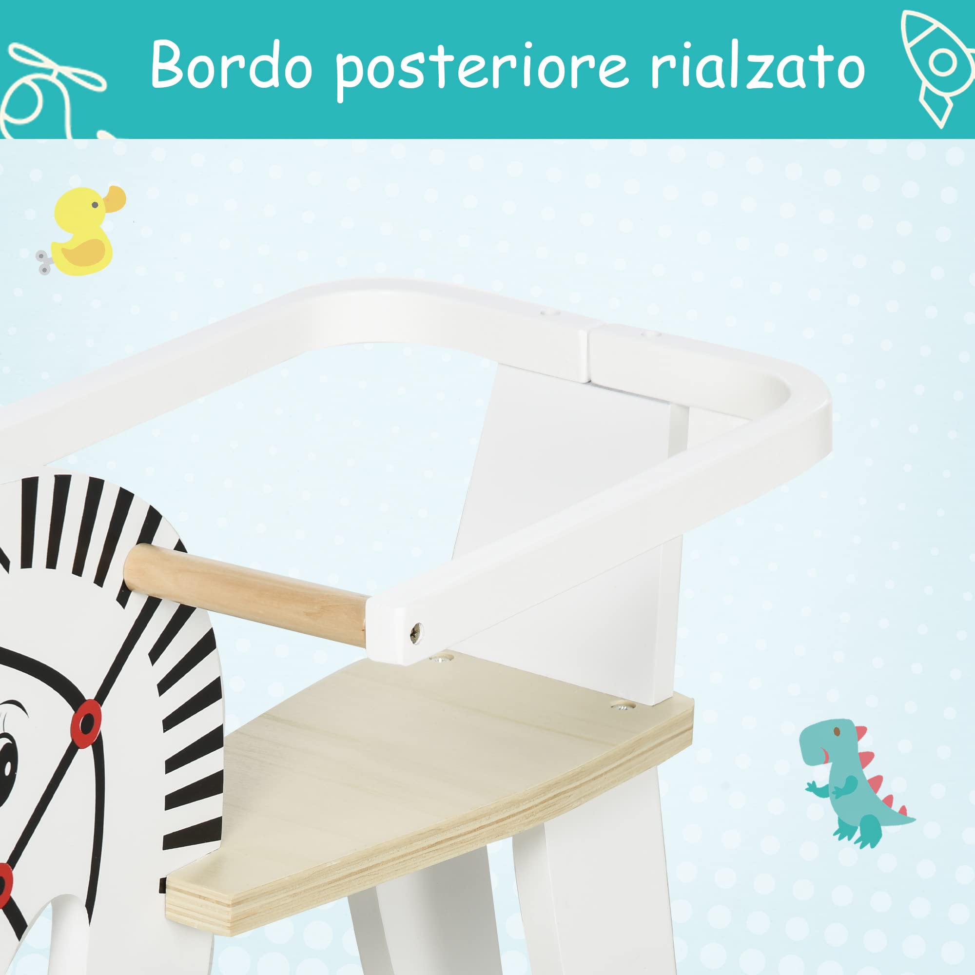 HOMCOM Cavallo a Dondolo Classico in Legno per Bambini 1-3 Anni con Bordo, Maniglie e Poggiapiedi, 68x26.5x48cm, Bianco