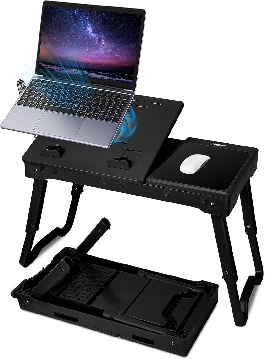 Foldable Laptop Table, Portable Bed Notebook Desk, Height Adjustable Laptop Stand with Cooling Fan LED Light 4 x USB Ports Breakfast Tray Storage Groove for Home Office Use (Black)