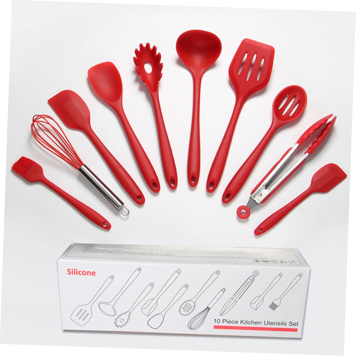 COLLBATH 10 Stück Silikon Küchenutensilien in Rot für Küche | Nylonkern, Antihaft Oberfläche, Spülmaschinengeeignet, mit Eierschaber, Löffel, Spatel und Pinsel