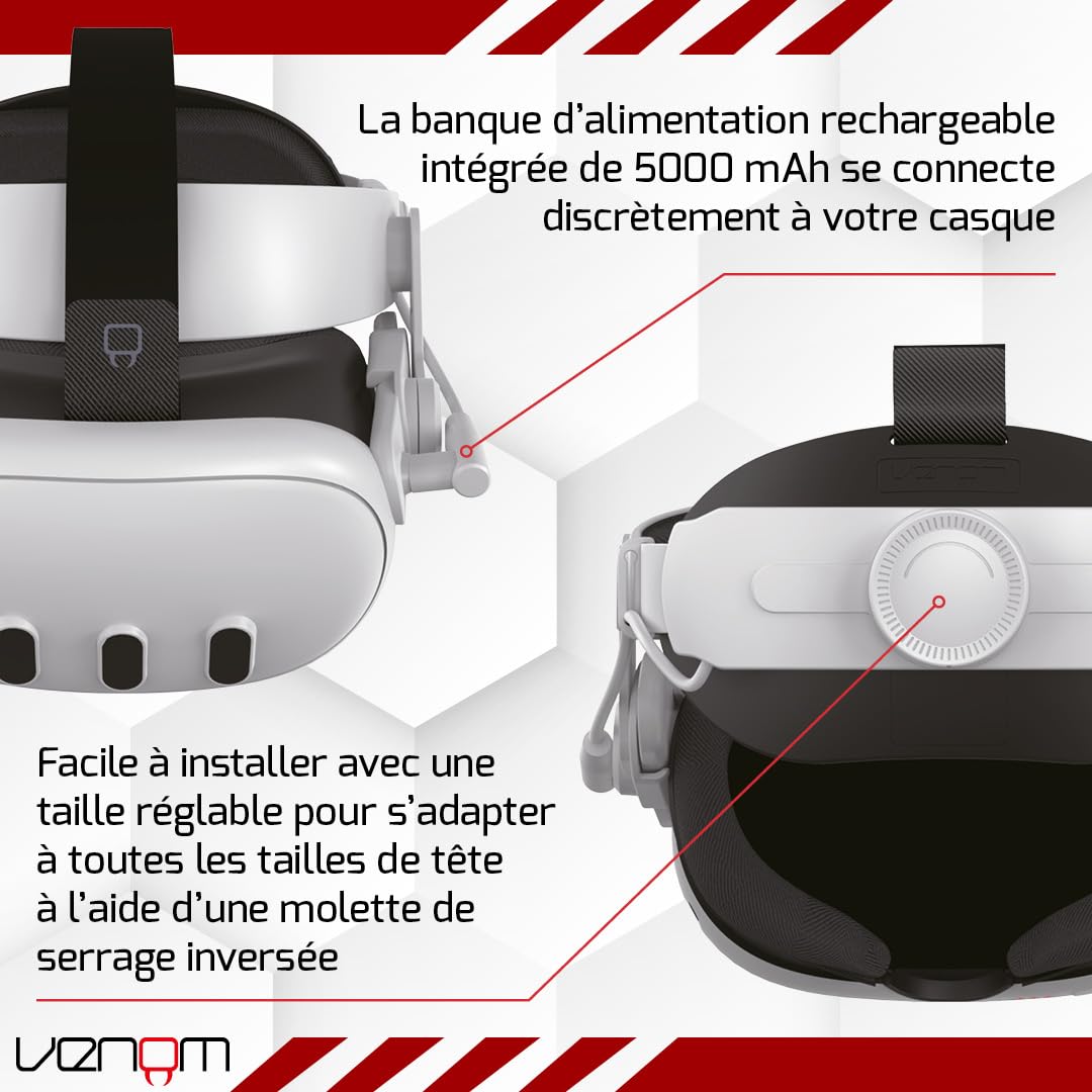 Venom Sangle d'alimentation pour Meta Quest - Bandeau rembourré avec batterie externe intégrée - Compatible avec Quest 2, Quest 3 et Quest 3S
