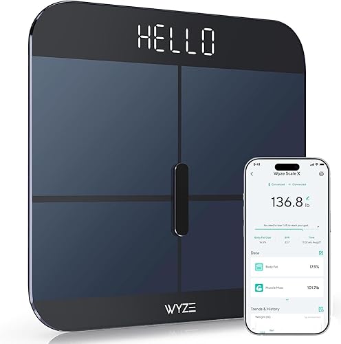 Wyze Smart Scale X - Báscula digital de baño para peso corporal, IMC, grasa corporal, masa muscular, monitor de frecuencia cardíaca, sincronización