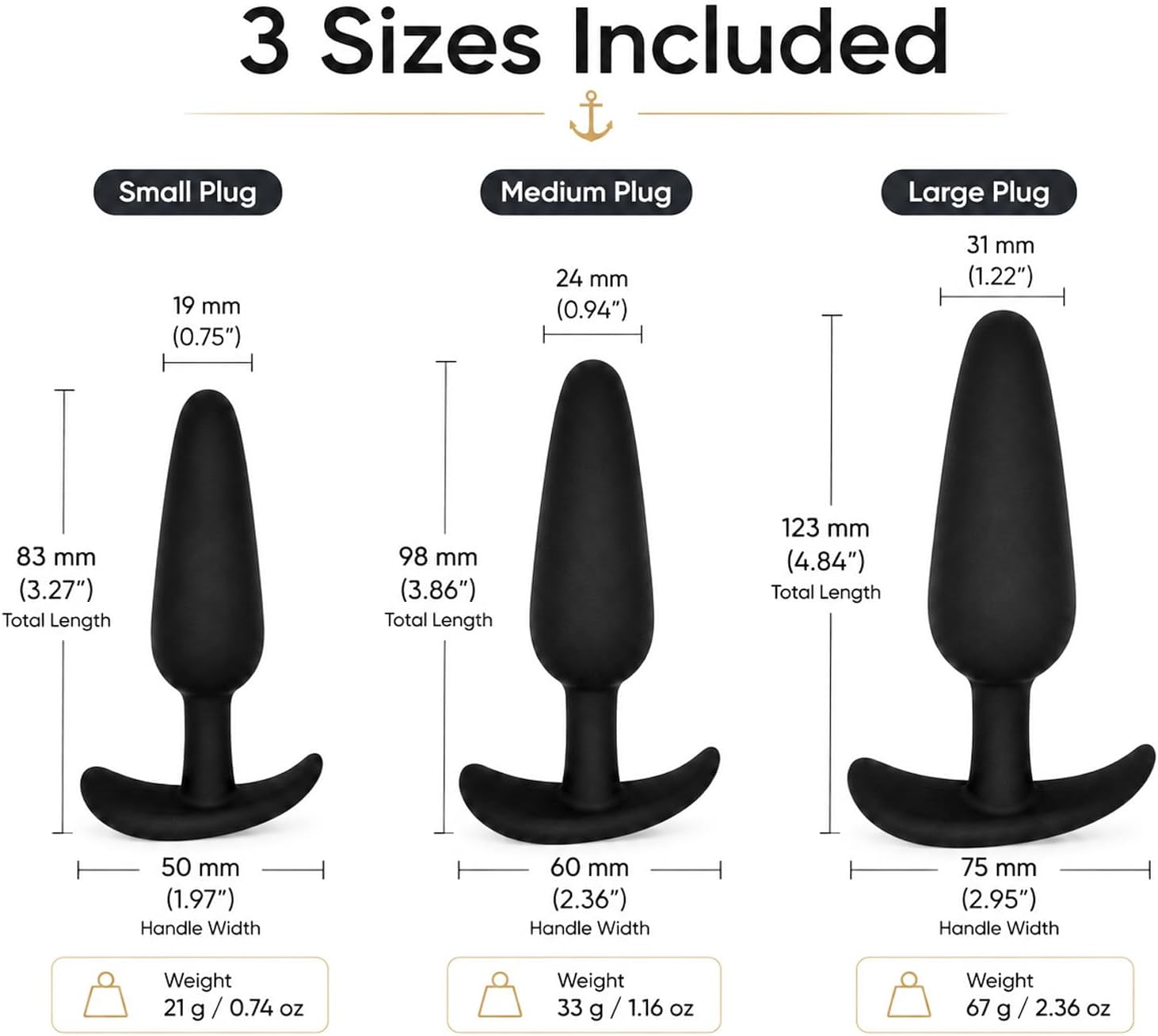 Anal Trainer Plug 3PCS Silicone Adult Sex Toys Small Kit for Beginner Couples, Black