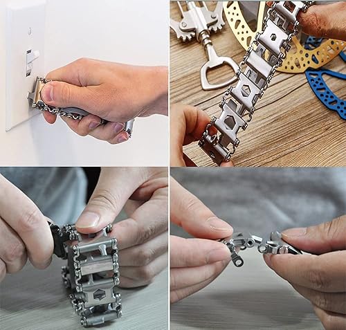 Miniatura 6 de HiYi - Pulseras multiherramienta para hombres, pulsera versátil de acero inoxidable 29 en 1, pulsera de supervivencia, correa de reloj,