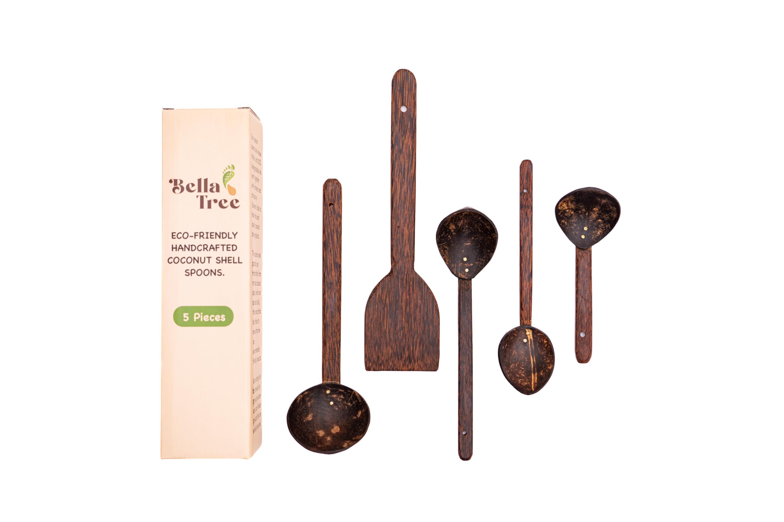 Coconut Shell Spoons and Spatula Cooking Utensil Set, Kitchen Cooking Tools 5 Pieces. Set of one Spatula, one Soup/Cereal Spoon, 2 Serving Spoons and one Ladle. Vegan Eco Friendly Gift