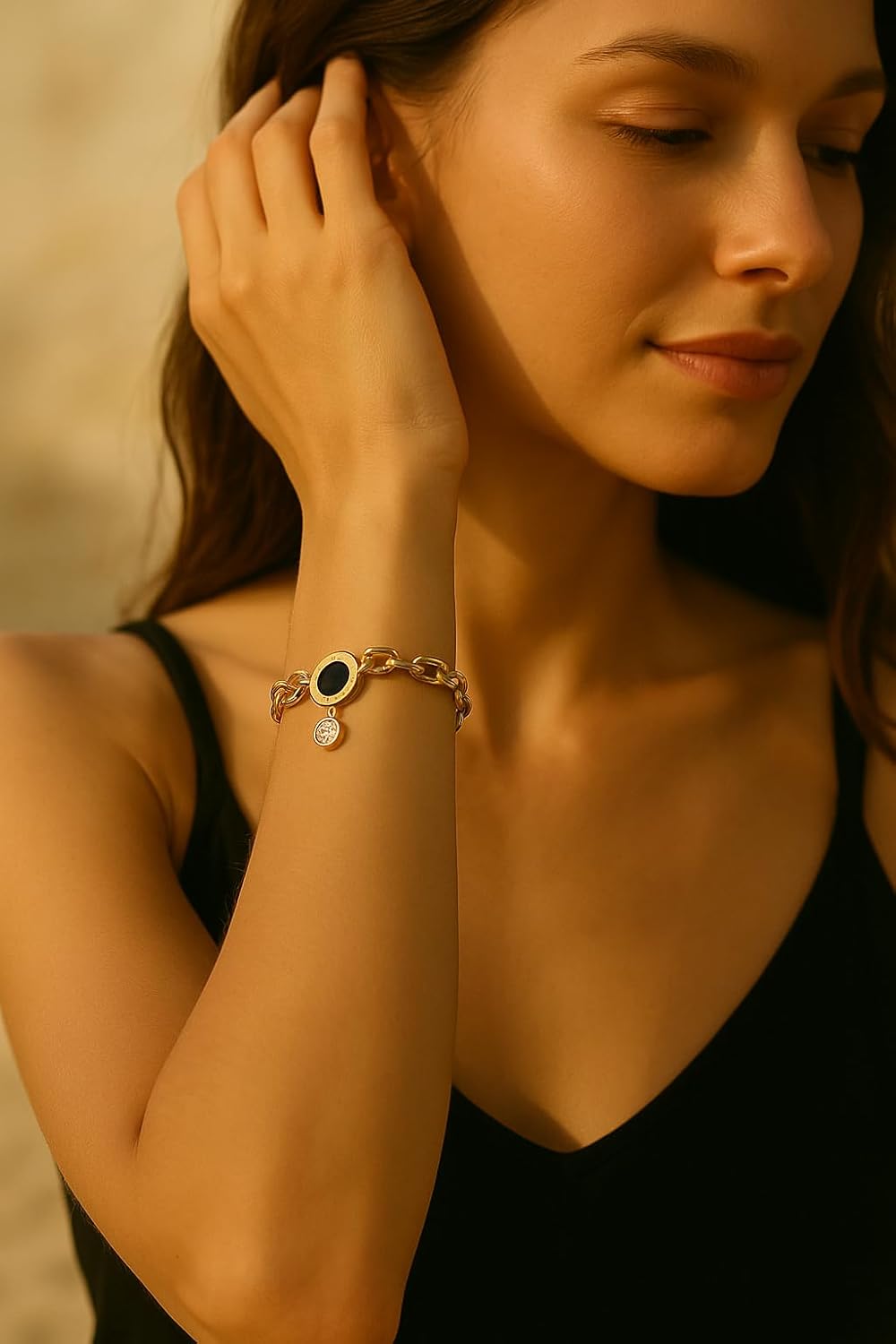 Ora & Eve Gold Chain Bracelet for Women – 18K Gold Black Roman Dial Charm & CZ Drop – Waterproof, Adjustable Luxury Jewelry Gift