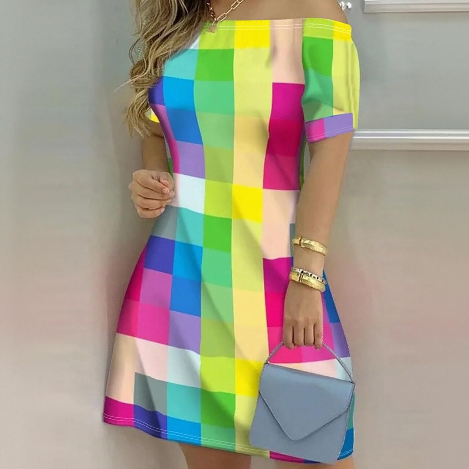 Women's Summer Off-The-Shoulder Colorful Plaid Print Dress