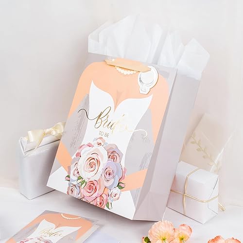 Miniatura 8 de LeZakaa Bolsa de regalo de despedida de novia de 13 pulgadas, bolsa de regalo plateada con papel de seda, etiqueta de regalo y tarjeta, diseño de