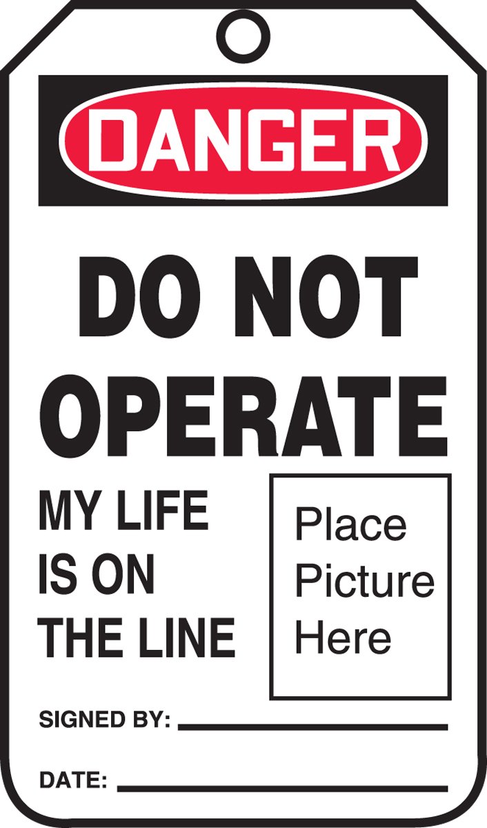 Accuform MDT016PTP etykieta bezpieczeństwa, legenda "DANGER DO NOT OPERATE My LIFE IS ON THE LINE (miejsce zdjęcie tutaj)", 14 cm długość x 8 cm szerokość x 0,015 cala grubość, RP-plastik, czerwony/czarny na białym (opakowanie 25)