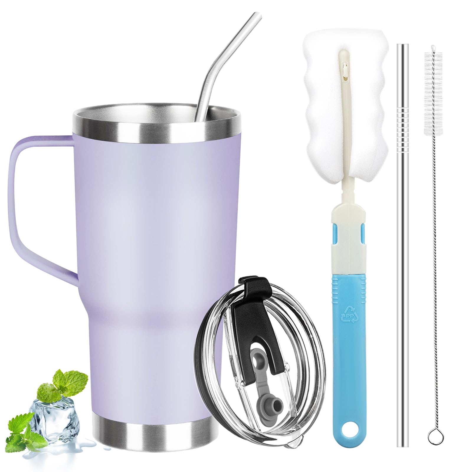 20 oz Tumbler with Handle, Stainless Steel Insulated Tumbler with Lid and Straw, Double Wall Vacuum Coffee Mug Tumbler, Insulated Coffee Thermal Cup for Cold and Hot (Light Purple)