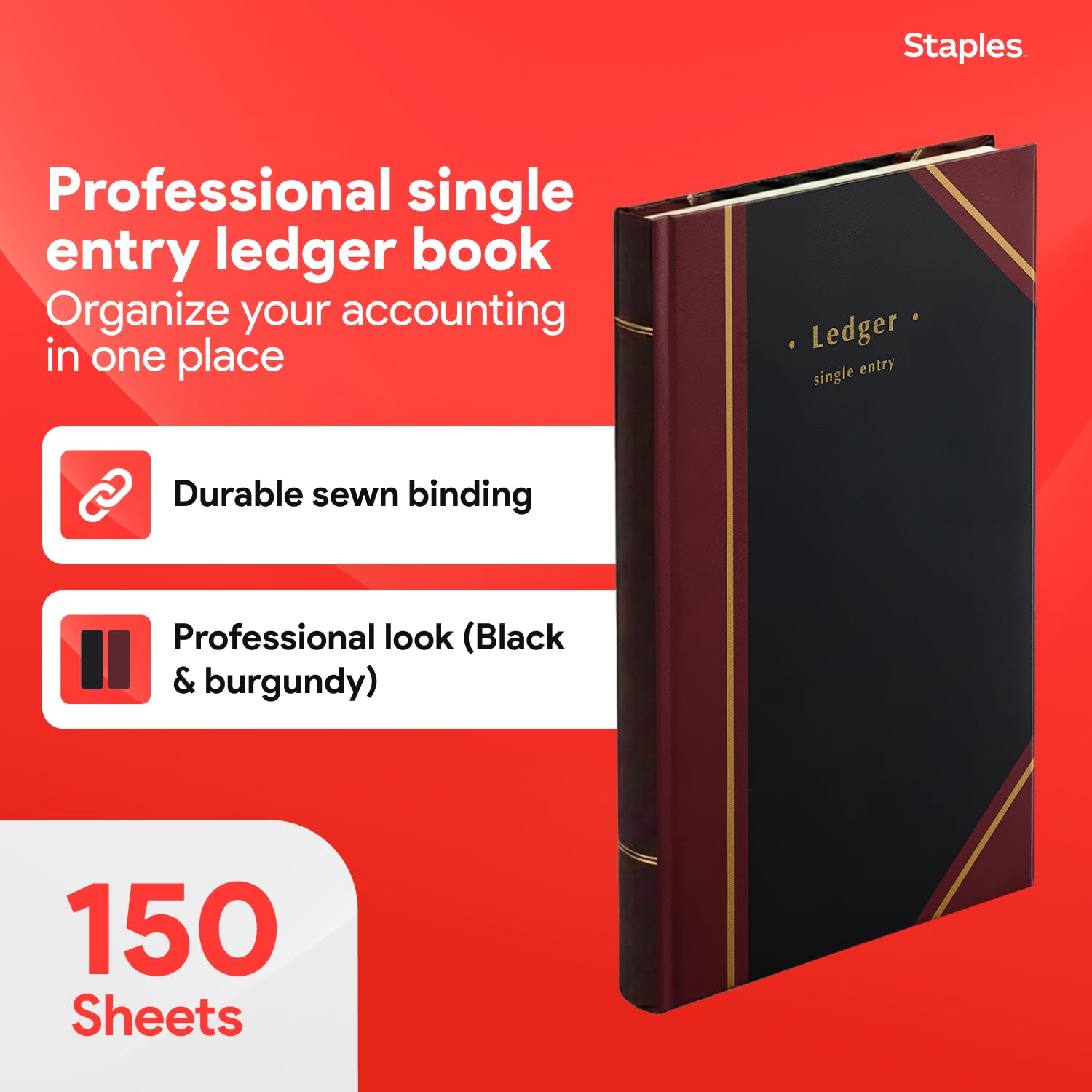 STAPLES Black Ledger Book, Hardbound Accounting Record Book with