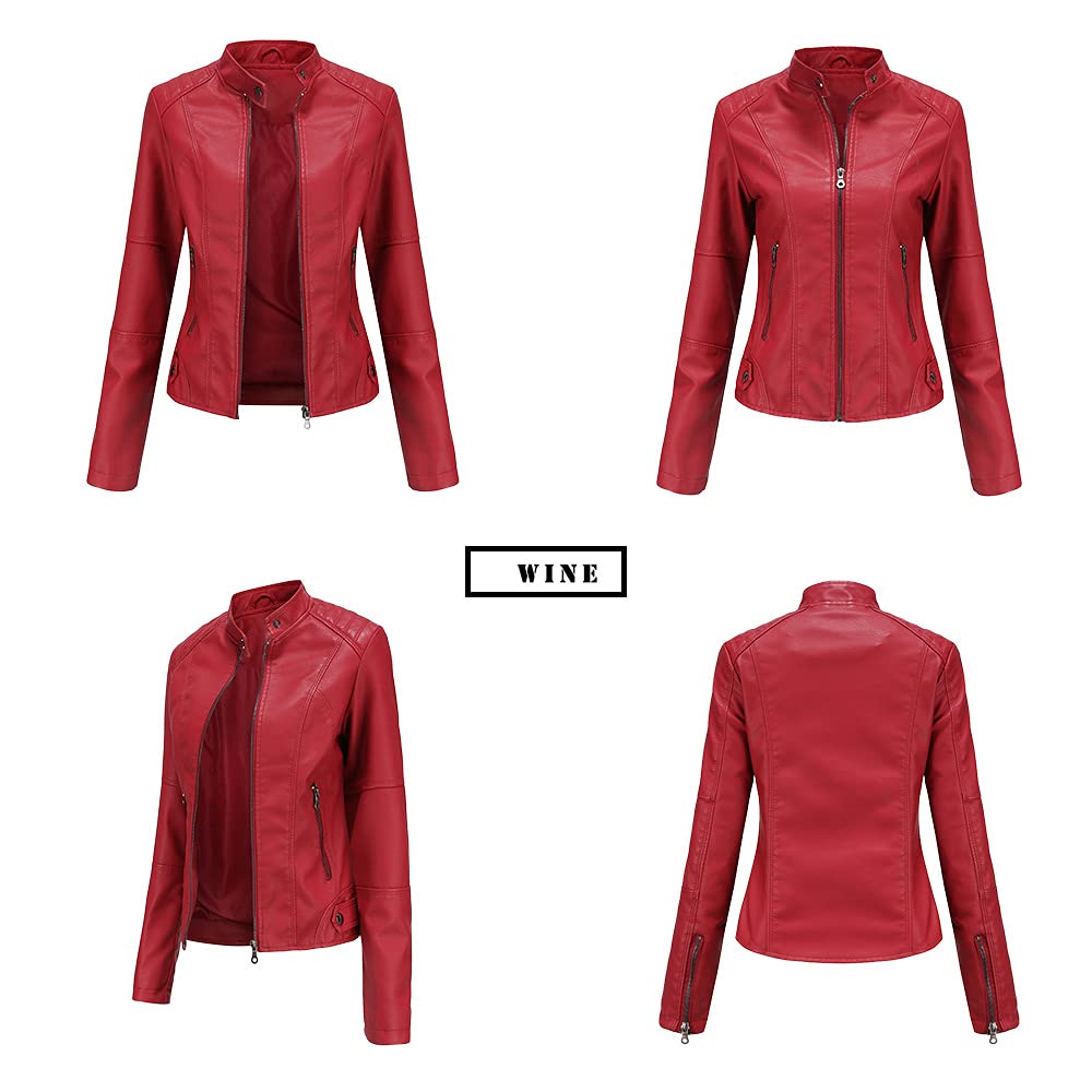 Damen lederjacke aus Kunstleder figurbetonte Jacke dünne Motorradjacke für Frühling und Herbst in großen Größen mit Stehkragen