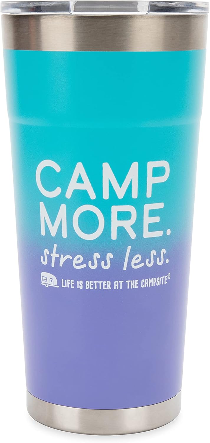 Camco Life is Better at The Campsite Painted Stainless Steel Tumbler - Features Double Wall Vacuum Insulation for Heat/Ice Retention & Unique Camp More, Stress Less Design - Holds 20 oz. (53317)