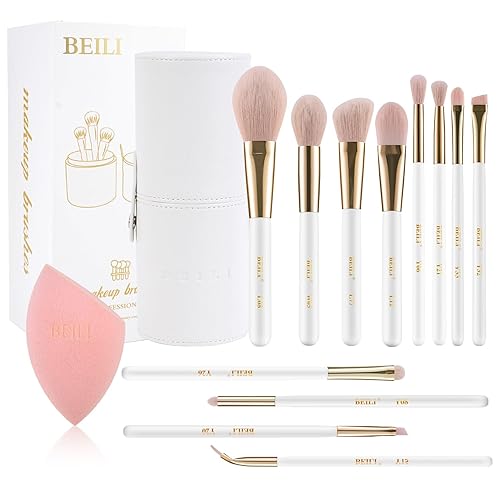 BEILI Juego de 12 brochas de maquillaje profesionales para polvos sintéticos rosas de alta calidad, sombra de ojos, rubor, base, mezcla, brochas de