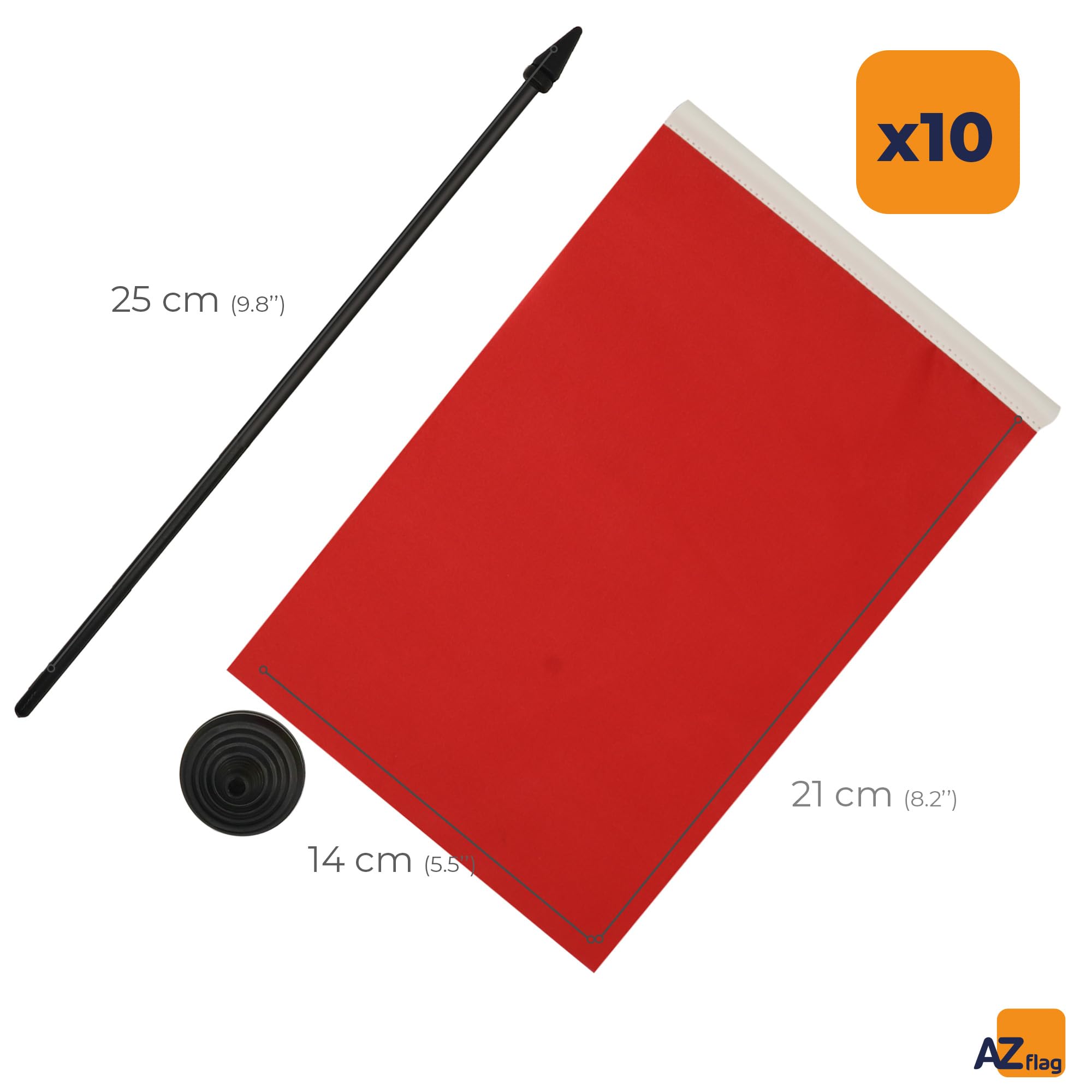 AZ FLAG Zestaw 10 Flagi na Biurko Jednokolorowy czerwony 21x14 cm | Do wnętrz flaga biurkowa szyte wykończenie ze wzmocnionymi krawędziami z plastikowy maszt i plastikowa podstawa