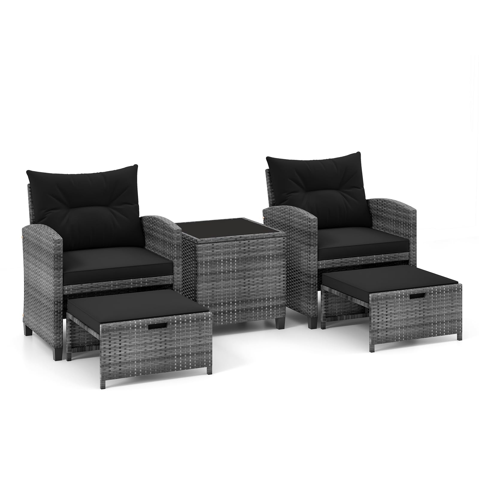 RELAX4LIFE 5-Piece Patio Wicker Furniture Set, Outdoor PE Rattan Conversation Set with 2 Ottomans & Tempered Glass Coffee Table, Garden Conservatory Sofa Chairs for Backyard Lawn (Black+Mix Grey)
