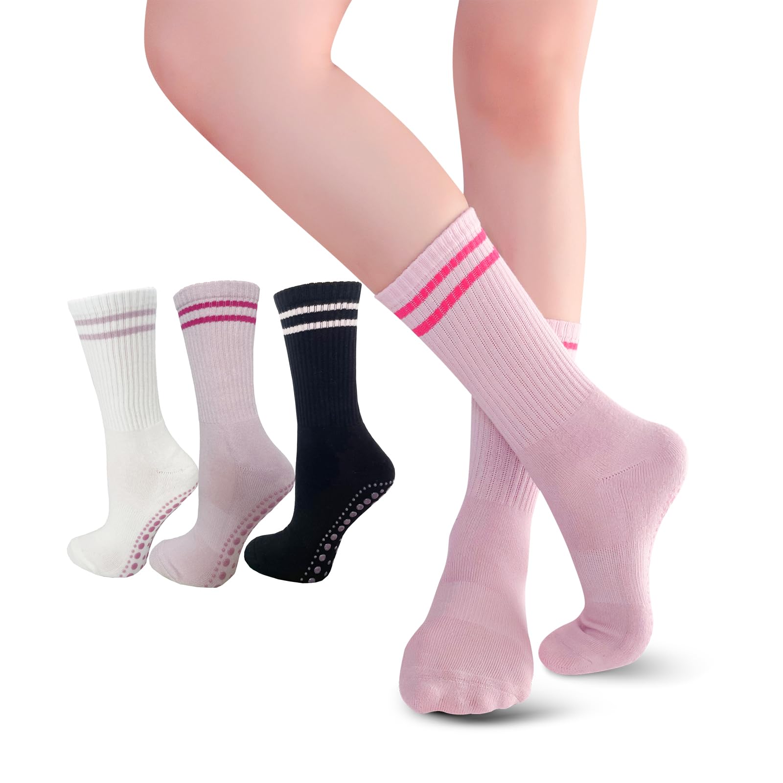 JCZANXI Yoga Socks with Grips for Women, Non Slip Grip Socks for Yoga, Pilates, Barre, Dance, Ballet (Cotton, Black/White/Pink)