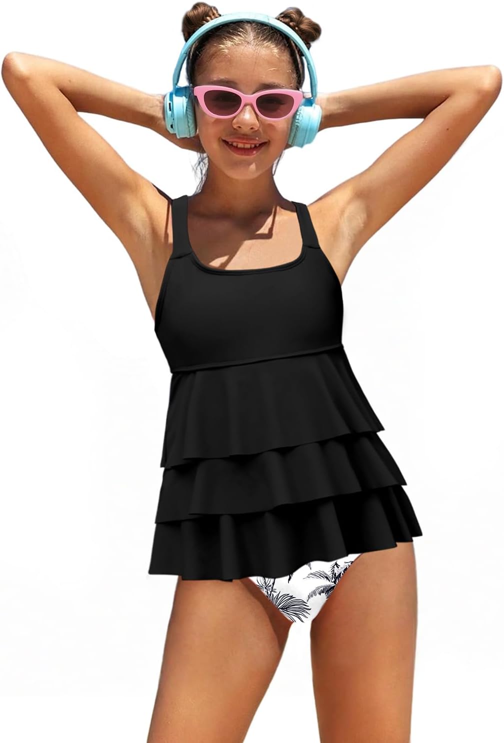 Girls Swimsuit Ruffled Padded Adjustable Strap Tankini High Waisted Swimwear Set Teens Girl 2Pcs Beach Bathing Suit