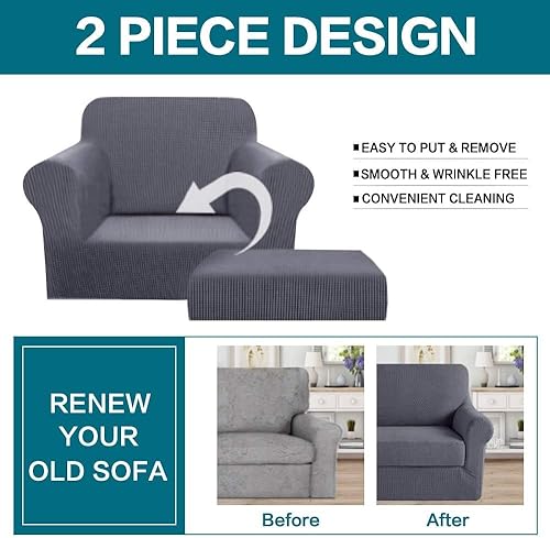 Vista 77 de Turquoize - Funda elástica para sofá de 2 piezas y 3 cojines, funda protectora lavable con elástico en la parte inferior, tela jacquard gruesa