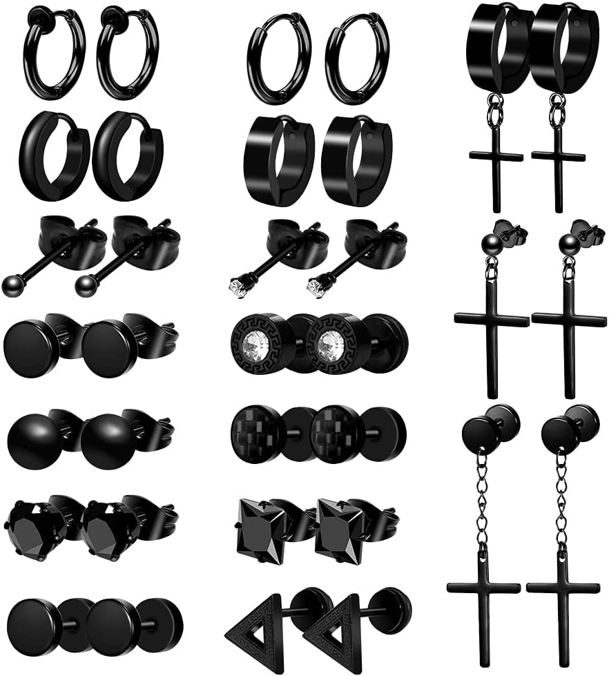 ONESING 17 Pairs Black Earrings for Men Black Stud Earrings