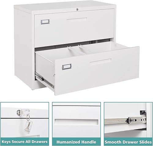 Miniatura 6 de MIIIKO Archivador lateral de 2 cajones con cerradura, archivador blanco para oficina en casa, archivador de metal con dos cajones para colgar