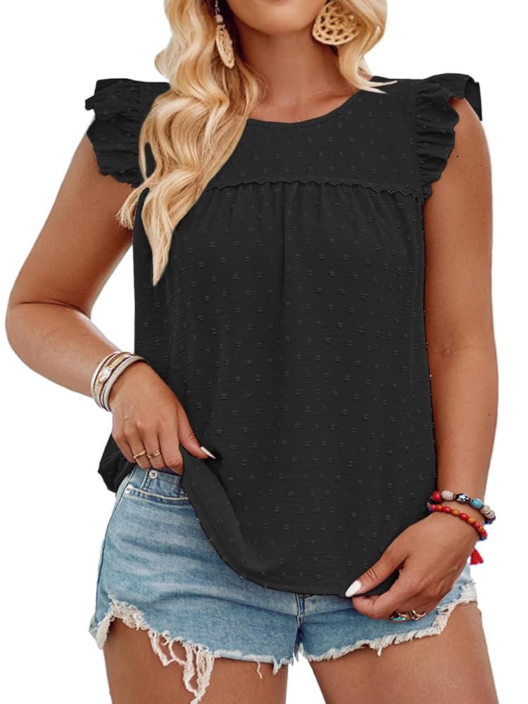 t*3様 SLEEVELESS FRILL SHIRT (即日発送可) Plus Size Women Tops Summer Crewneck Pleated Ruffle Cap