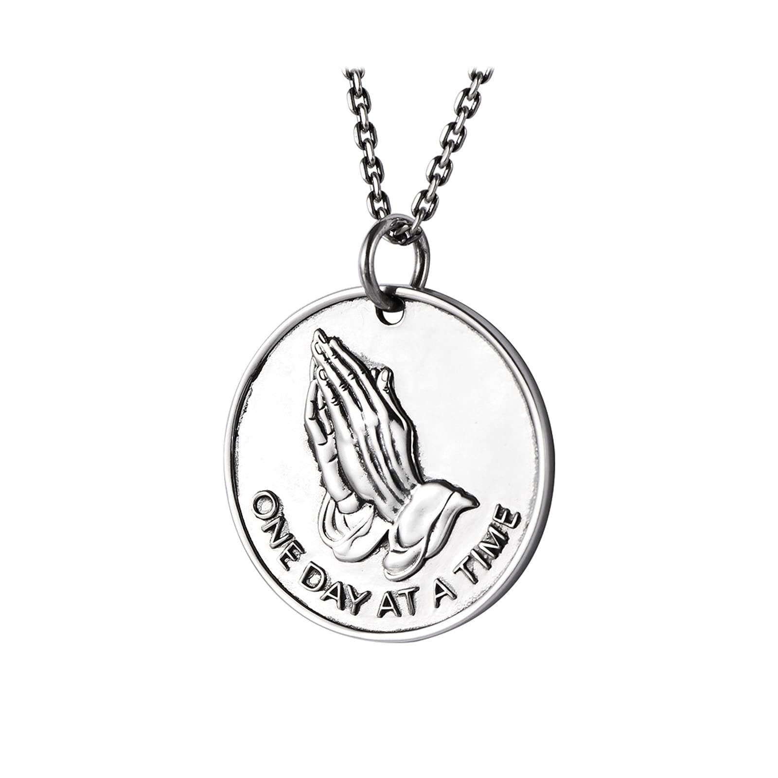 Pendentif pièce de monnaie en argent fin s999 avec gravure mains en prière
