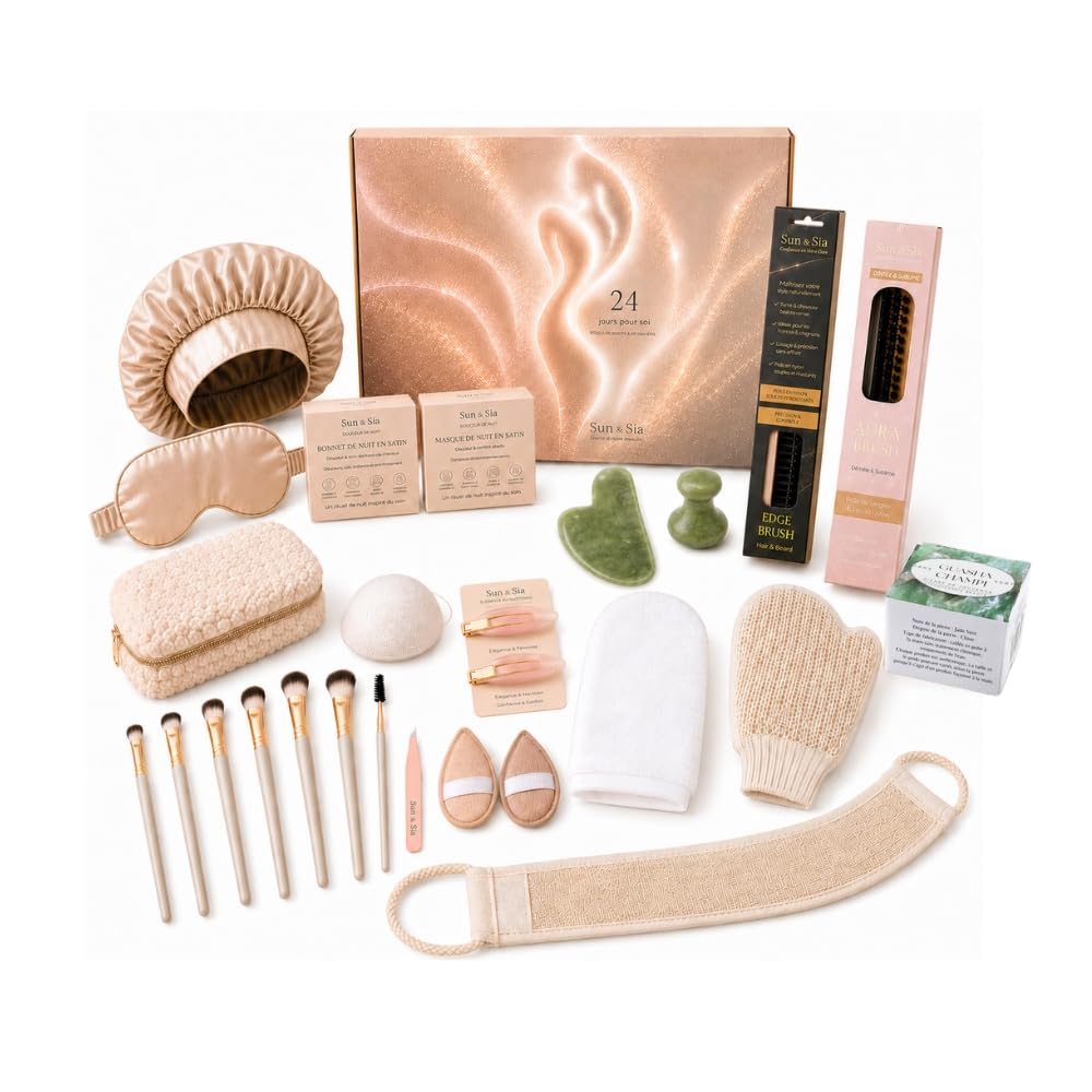 Kalendarz adwentowy Sun&Sia damski uroda 24 akcesoria - Gua Sha Jade, czapka i maska satynowa, pędzle do włosów, gąbki Konjac, pędzle do makijażu - marka francuska