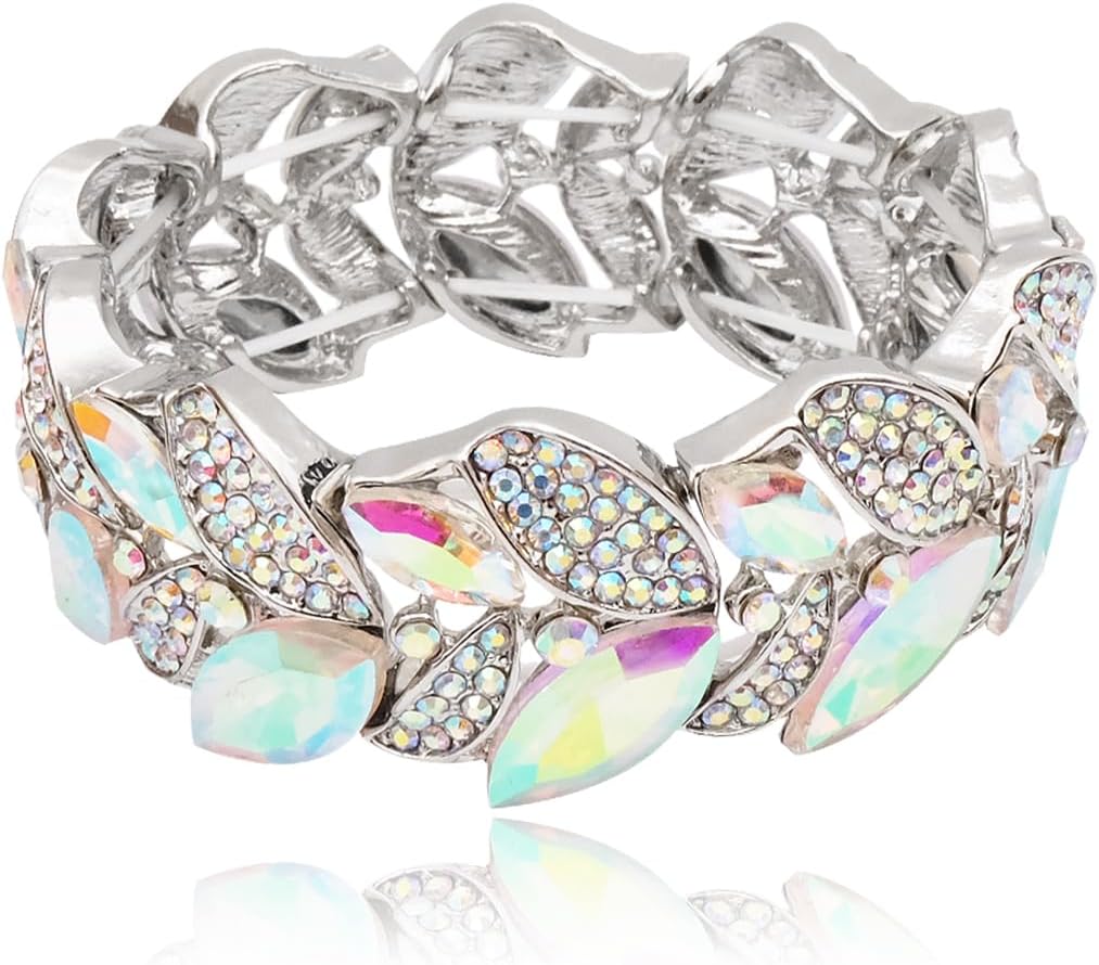 Statement Stretch Wide Bangle Bracelets Austrian Crystal Art Deco Leaf Shape Elastic Bracelet for Party Prom Accessories #003