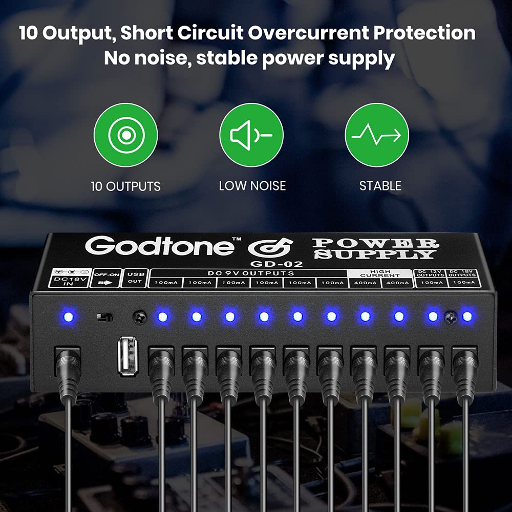 Gitarre Effektpedal Netzteil 10 DC Ausgänge passend für 9V/12V/18V Pedale mit Kurzschluss-/Überstromschutz Separate LED-Anzeige USB (5V2A) GD-02