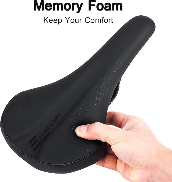 FIFTY-FIFTY Mountain Bike Saddle, Soft and Comfort Memory Foam Bicycle Seat | Waterproof, Lightweight, Good Cushioning, Comfortable MTB Seat for Men and Women, Compatible with MTB, Road Bike, E-MTB
