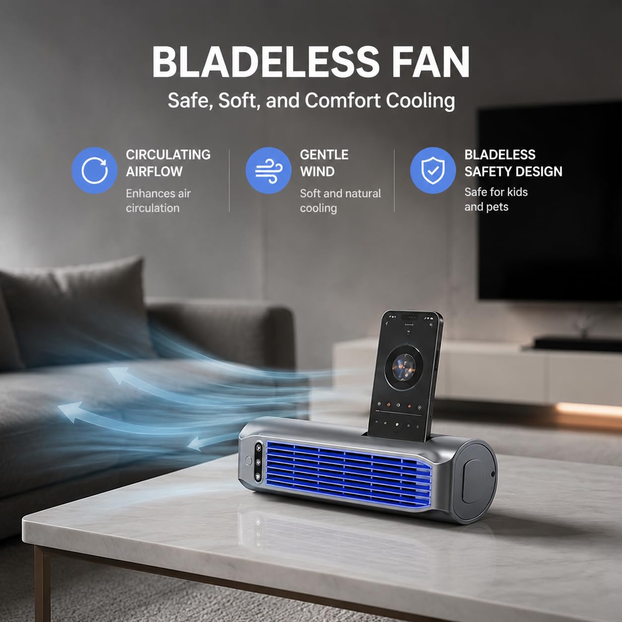 Ventilatore a Torre Portatile Senza Pale, circolatore d'Aria Ricaricabile Wireless con Tecnologia a Flusso Incrociato, Ventilatore Personale Silenzioso a 3 velocità per scrivania/Parete/Piano,Nero