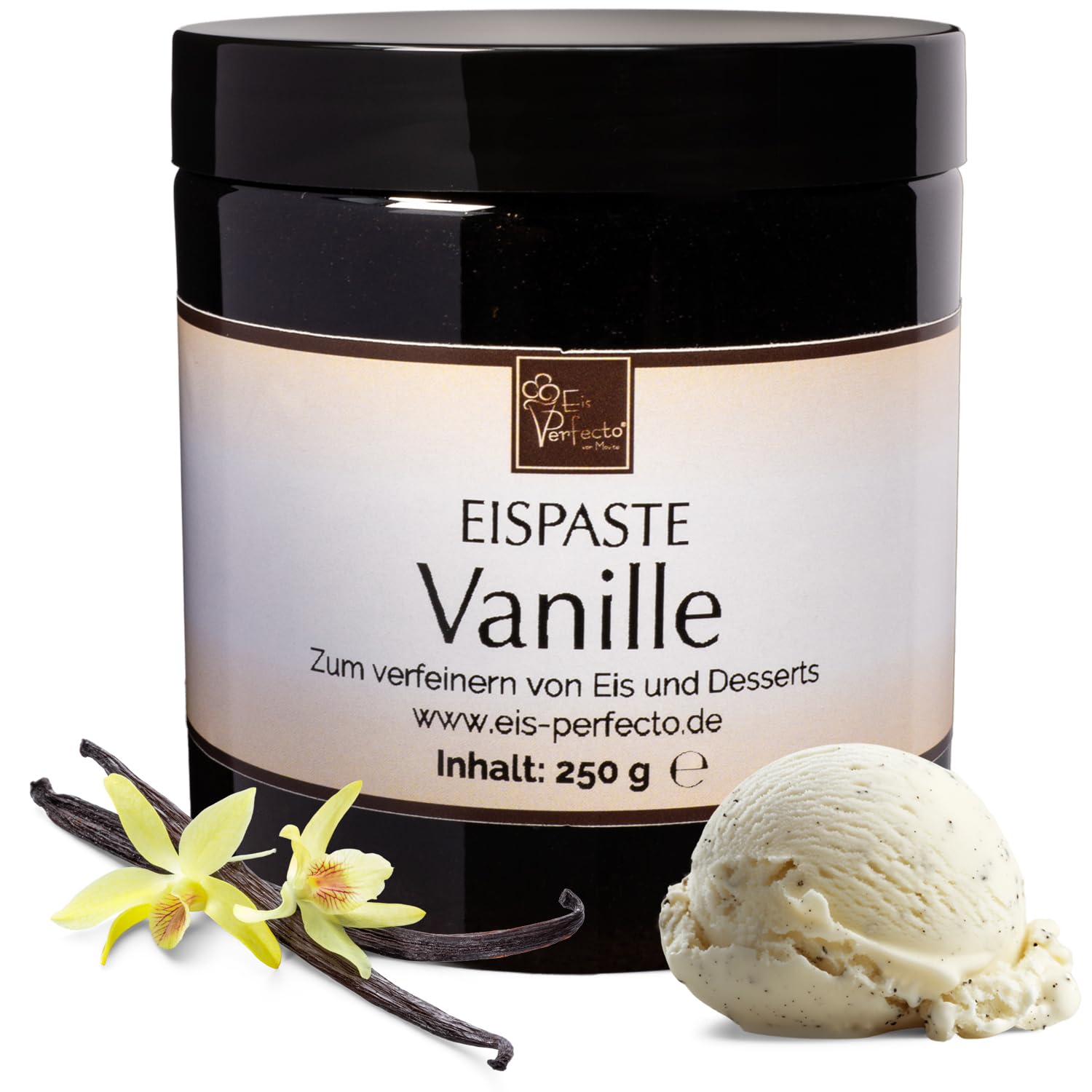 Vanille Eispaste zum Verfeinern von leckerem Eis, Desserts, Getränke, Pralinen Torten und vielem mehr – mit Vanilleextrakt und ohne Farbstoffe - Inhalt 250 g