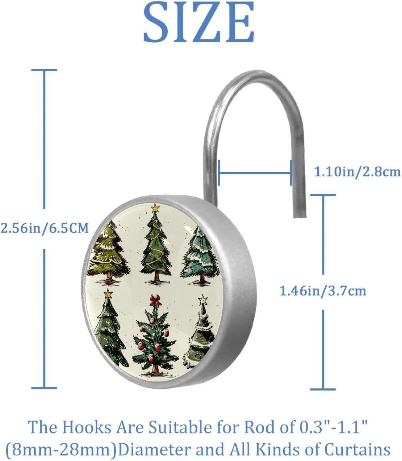 12PCS Christmas Tree 2 Shower Curtain Hooks Rings for Bathroom, Decorative Shower Curtain Hooks Rods Curtains and Liner