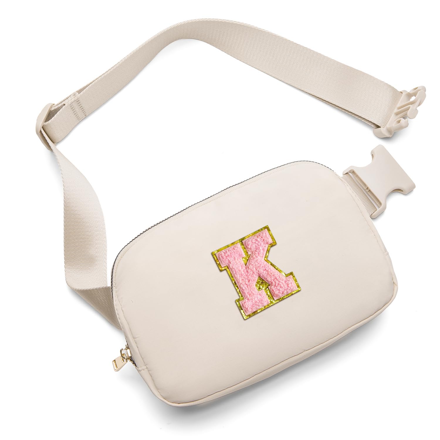 Gitus Belt Bag Fanny Pack Crossbody Bags with Initial Letter Patch Cute Stuff Birthday Gifts for Teenager Girls Trendy Preppy Stuff for Teen Girls(Beige-K)