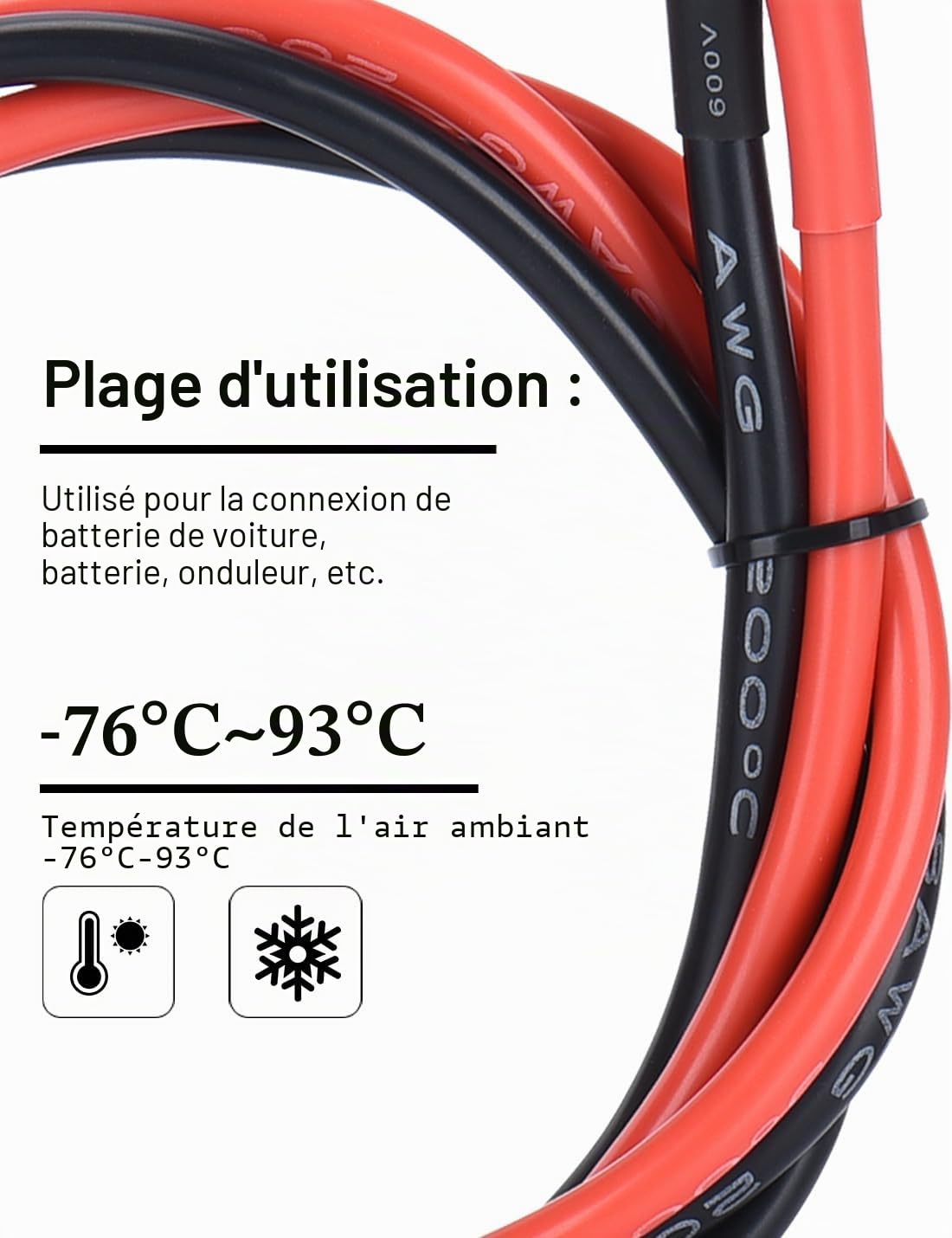 DIHOOL Câble de Batterie 25mm2 M8 100cm 4awg câble Silicone Flexible résistant à la Chaleur
