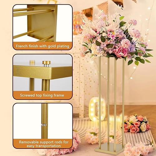 Miniatura 25 de VINCIGANT 2 soportes dorados de flores de boda de 23.6 pulgadas para decoración de boda, soporte de flores de columna de metal, estante rectangular