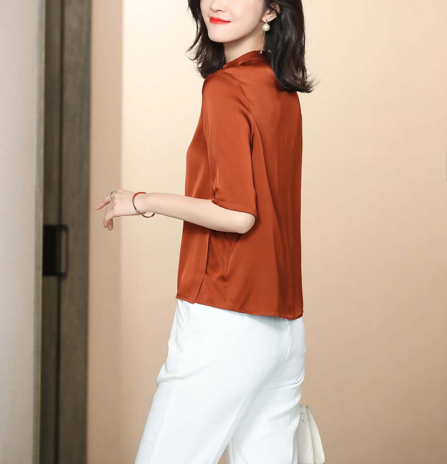 E-girl Blusa de seda para mujer, camisas sólidas puentes, blusa de manga corta, cuello alto, blusa de seda, S3356
