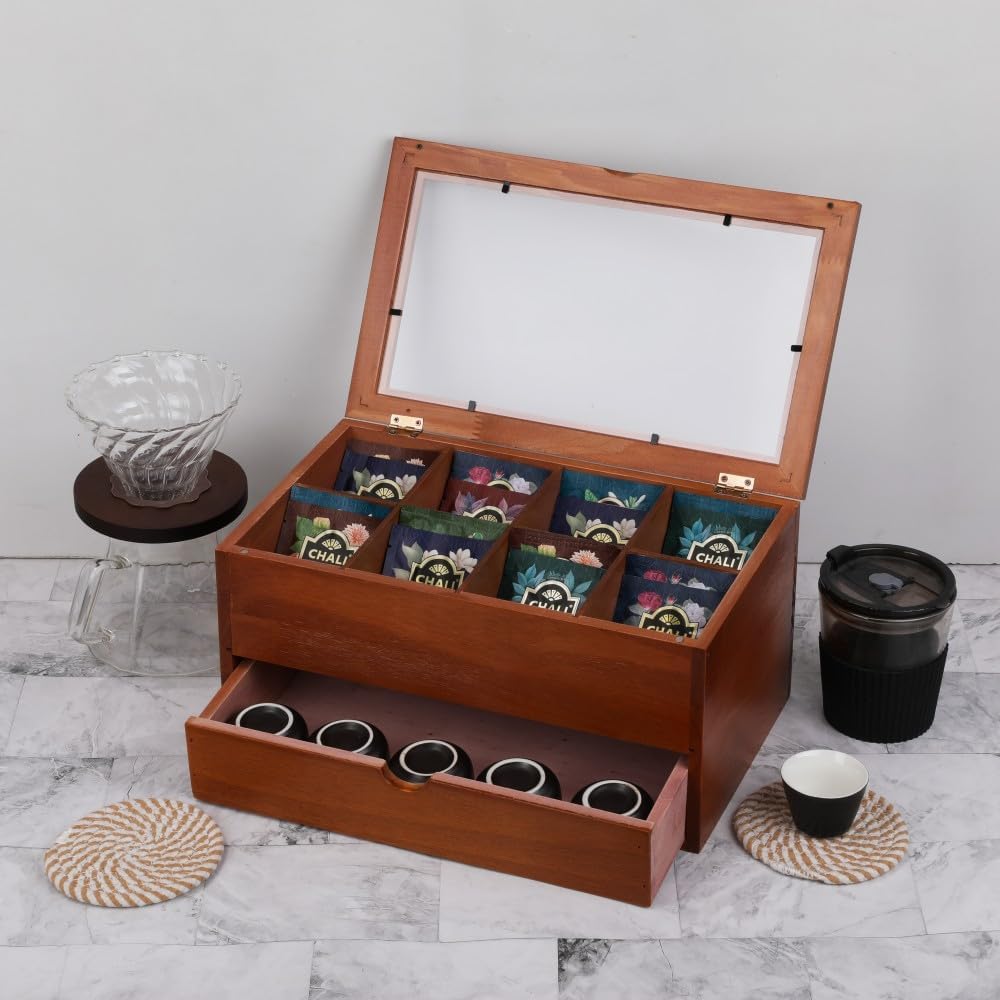 Tea Bag organizer Storage Box with Drawer Tea Organizers with Clear Acrylic Window Wooden Tea Box for Countertop with 8 Compartments Teabag Holder with 4 Cotton Woven Coasters（WBrown02）