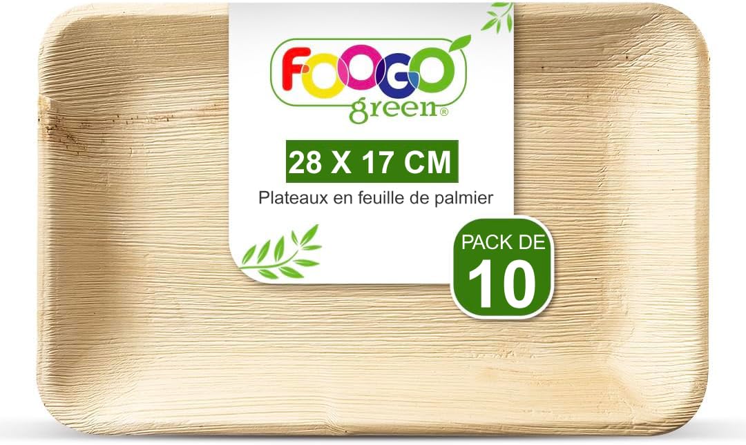 Plateaux de Service Jetables en Feuille de Palmier FOOGO Green - 10 Pièces 28x17 cm