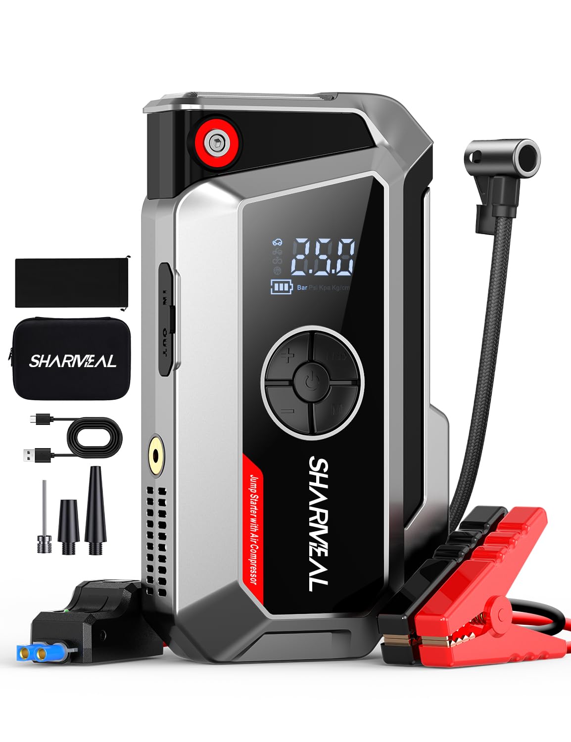 SHARMEAL Avviatore Batteria Auto con Compressore 250PSI, 10000A Booster Avviamento Auto (Tutti Gas/10.0L Diesel), Avviatore Emergenza Starter Batteria con Torcia a LED