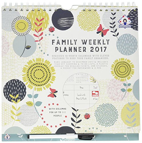 2017 Organized Mom Family Weekly Planner. Week-to-View Family Organizer with 6 Columns. Wall Calendar with Overlay, Perforated Shopping Lists, Stickers, Large Paperwork Pocket and Clip-on Pen.