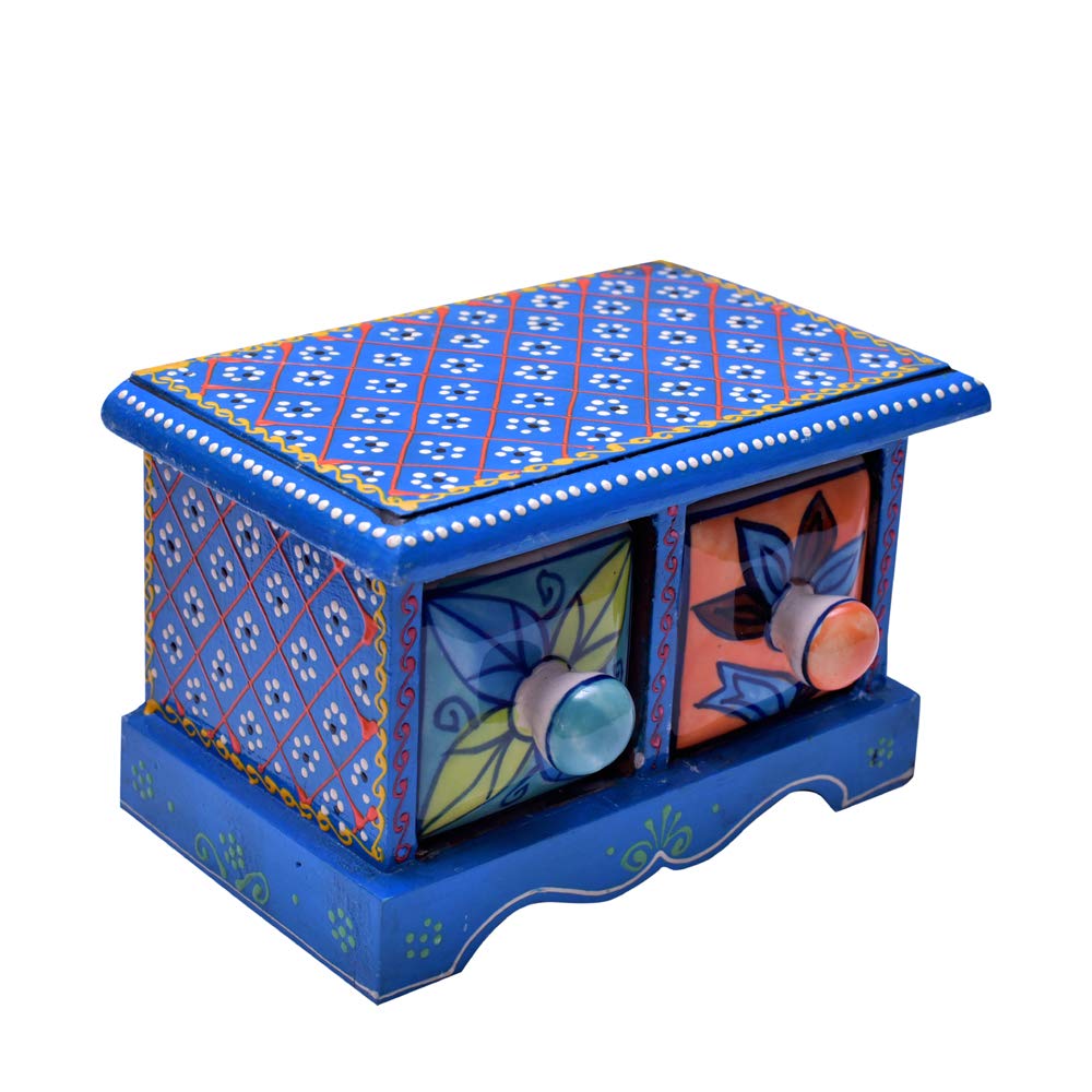 Shriyam Craft India Hand Decorated Embossed Painting Handmade Wooden and Ceramic 2 Drawers Small Chest Jewellery Organizer Desk Table (10 x 17 x 10 cm, Blue Color)-image-31