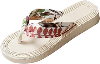 UJSQNDG Summer Pool Flip Flops,Women's Non-Slip Beach Slides Ladies Leaf Pattern Casual Bohemian Platform Thong Sandals