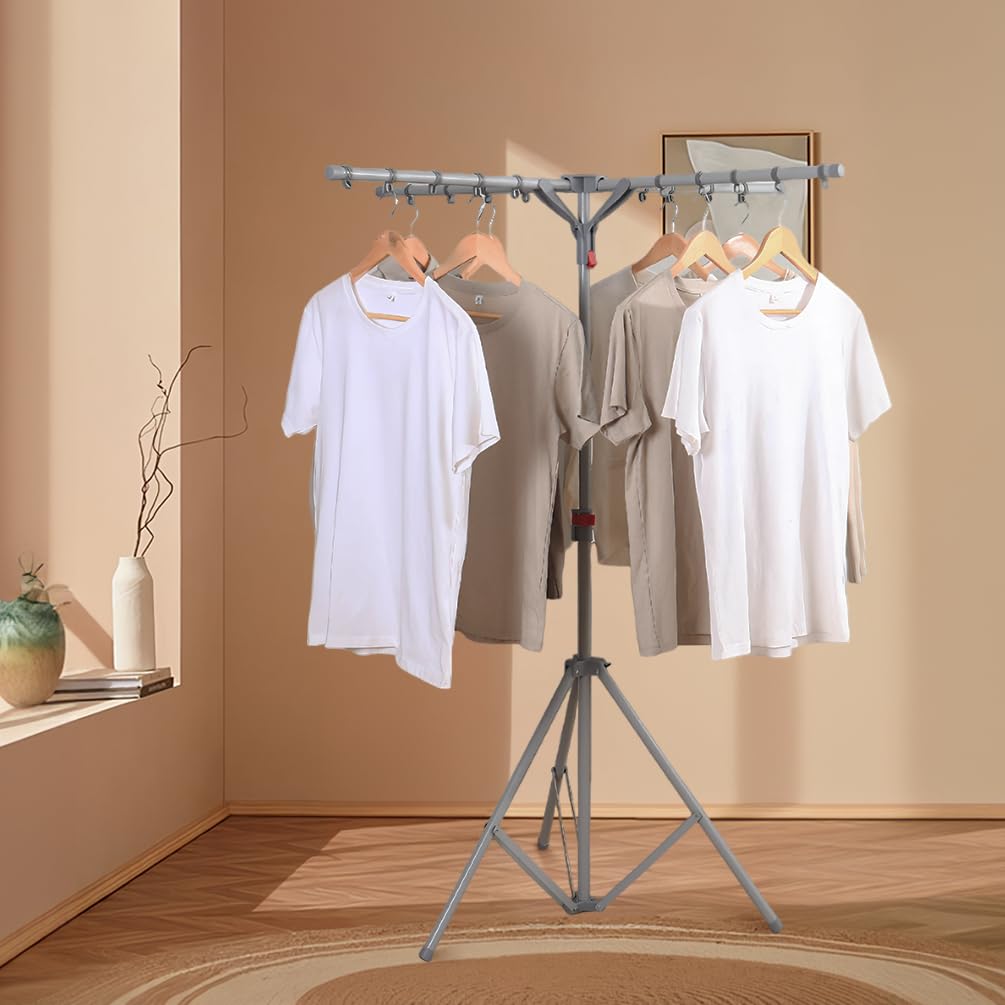 BAOYOUNI Collapsible Clothes Drying Rack Folding Garment Stand Coat Hanger Laundry Pole Portable Indoor Outdoor Airer, Height Adjustable - Silver Gray