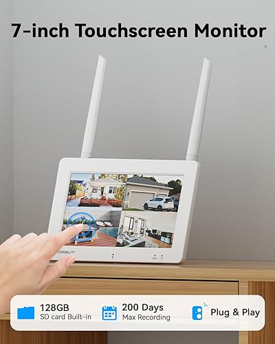 Miniatura 3 de Sistema inalámbrico de cámara solar para exteriores con monitor de pantalla táctil de 7 pulgadas, 2 cámaras solares de 4MP para seguridad del hogar