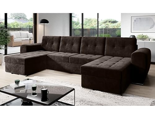 Moderno Bari Living Room Sofa with Sleep Function, Couch, U-Shaped Sofa Bed with Bed Box, Corner Sofa Bed, Modern Living Room Furniture, Corner Couch, Velour Fabric, Quilted Sofa, Brown