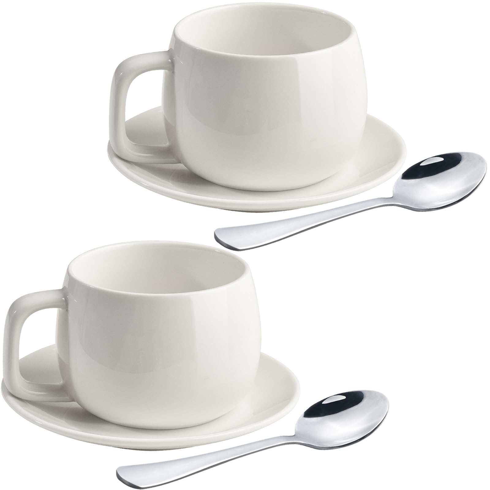 ionEgg Porcelain Coffee Cup with Saucers and Spoons 270ml/9oz for Latte, Cappuccino and Tea, White, Set of 2