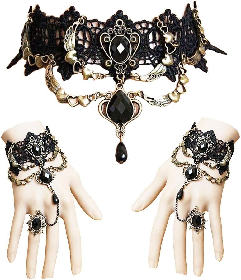 Jurxy Lace Choker Necklace with Bracelet Set Punk Party Gothic Vintage Handmade Retro Victorian Vampire Punk Pendant Necklace Bracelet Wristband for Women Black– Style 2, Metal