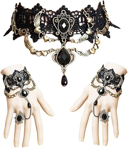 Gargantilla de encaje con pulsera, juego de gargantilla de encaje gótico, vintage, hecho a mano, retro, victoriano, vampiro, punk, collar, pulsera